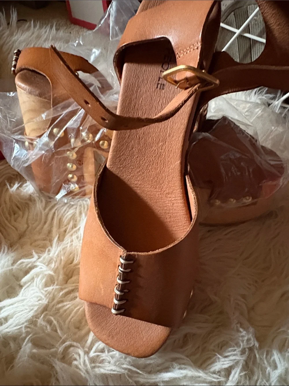 Free People Cognac Brown Leather Platform Sandals with Ankle Strap